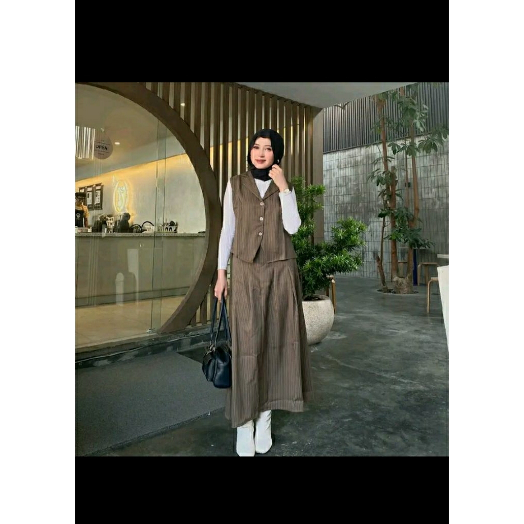 Bella Vest Set//Set Blezer kekinian/Setelan kerja Rok dan rompi Salur/Maxi Skirt wanita//