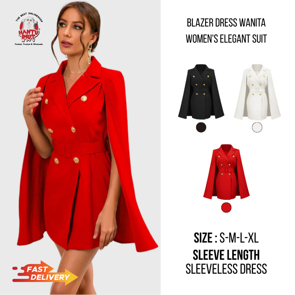 Blazer Dress Wanita Women's Elegant Suit LQ445  | Cape Dress with Lining Belt  | Cape Blazer | blaze