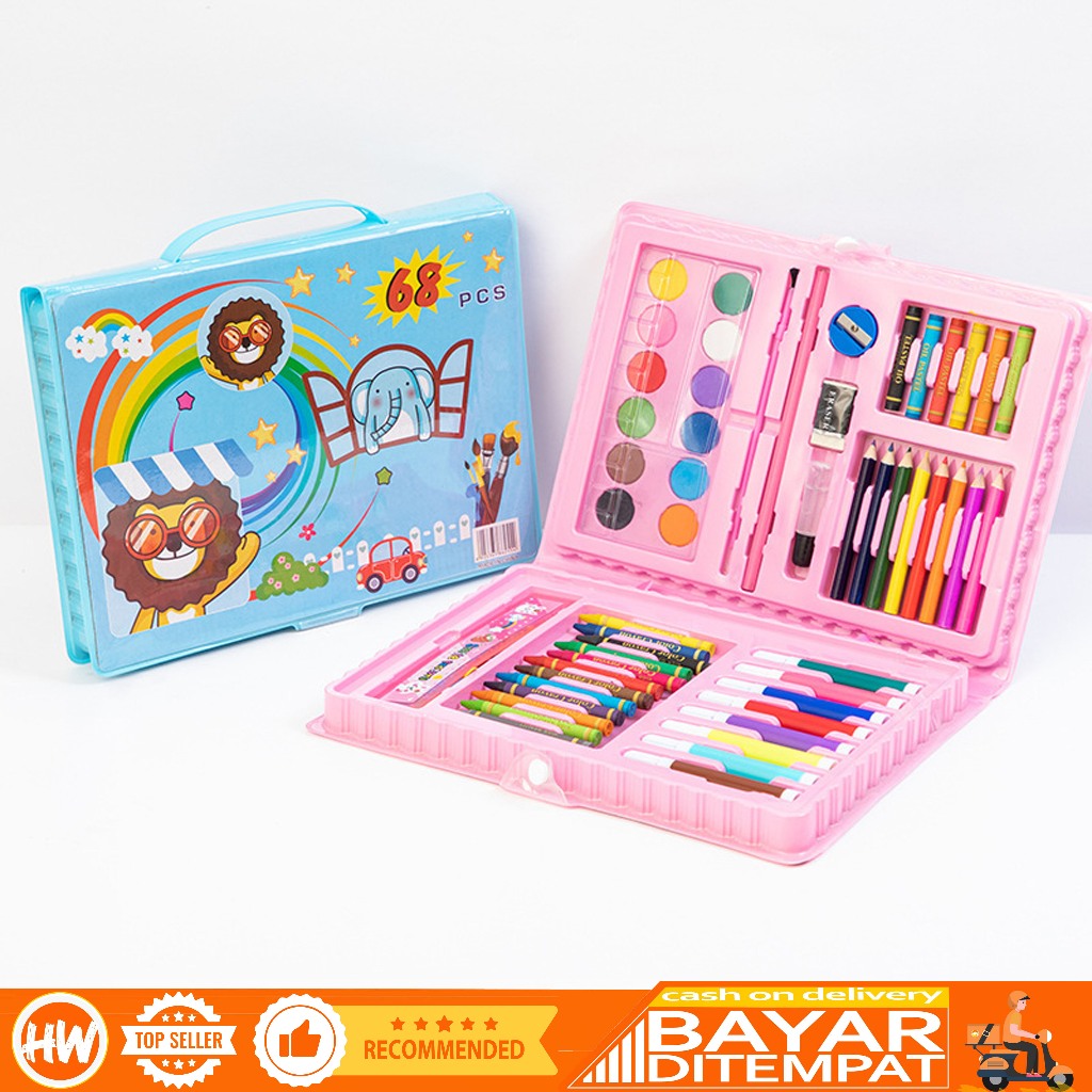 

HaiWai COD Crayon set 68pcs Pensil warna Krayon set koper Alat menggambar mewarnai STY12