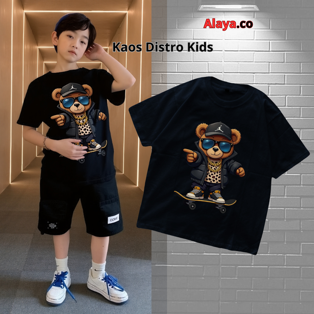 ALAYA Kaos Distro Anak Bear Wearing Warna Hitam Ideal Usia 7-14 Tahun Laki-Laki Perempuan