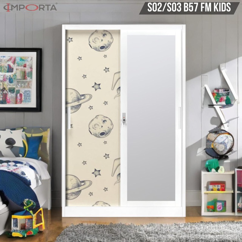 Lemari Baju Besi Sliding B-57- Lemari Sliding Baju Anak  - Lemari Pakaian lebar 120 cm - Lemari Anak