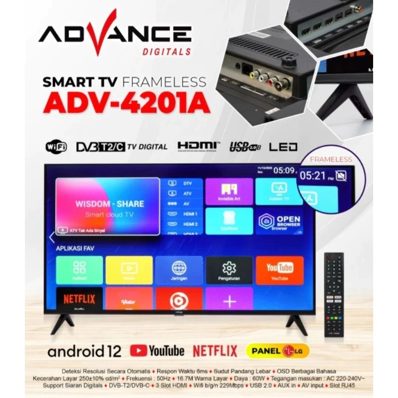 (Packing Kayu) ADVANCE SMART TV LED 42 inch  ADV-4201A Smart TV Android Frameless Garansi