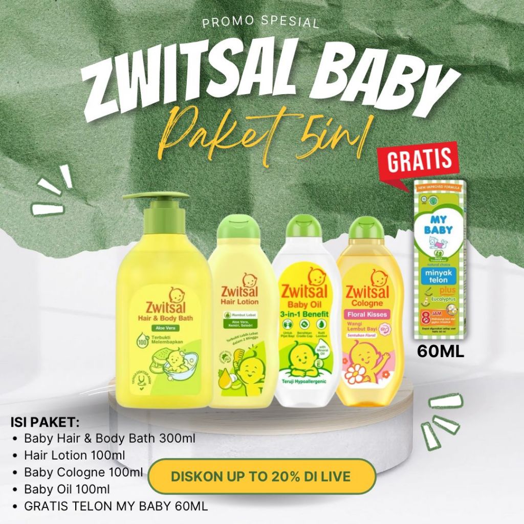 [FREE TELON MY BABY 60ML] ZWITSAL BABY PAKET 5 IN 1 | Sabun Hair & Body 300ml + Baby Oil + Cologne 1