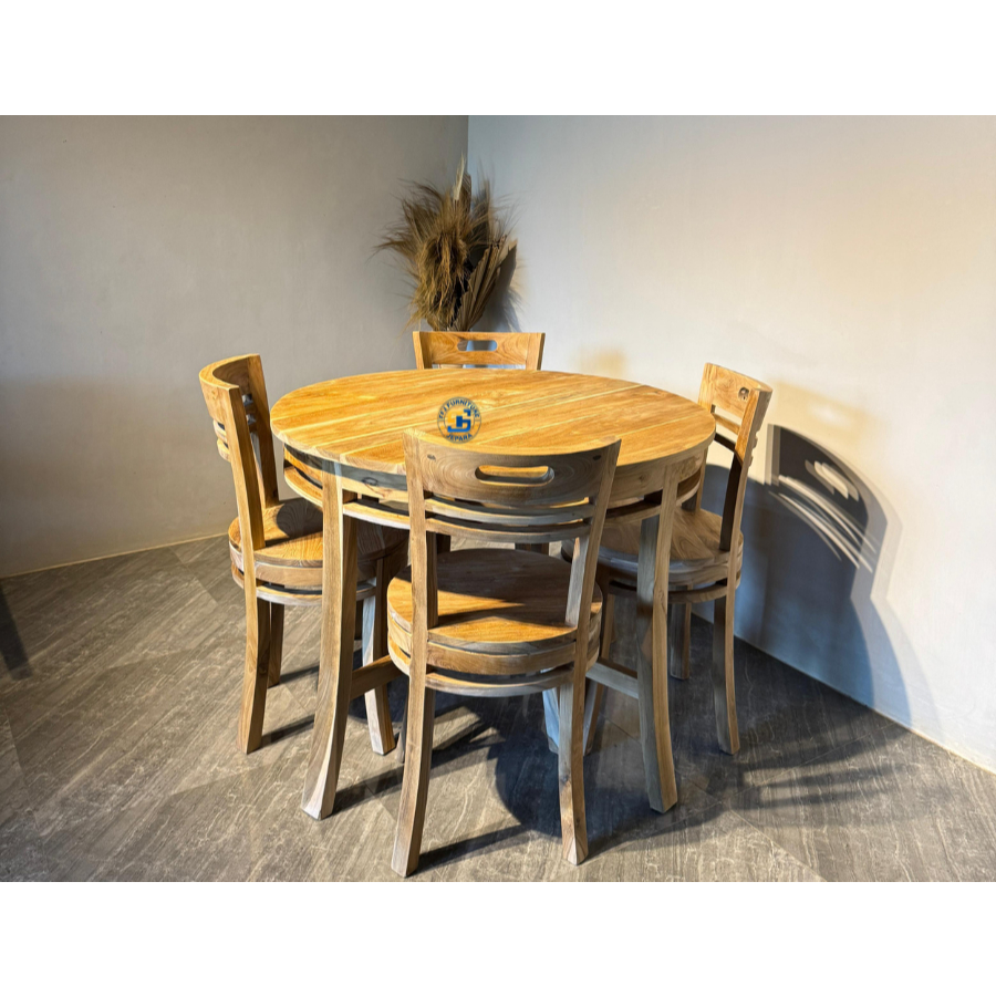 set meja makan bulat k4 full kayu jati asli jepara