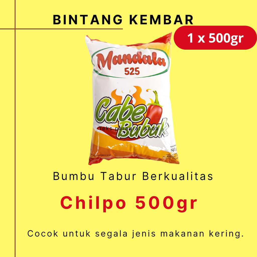 

Bumbu Tabur Instan Cabe Bubuk Chilpo Merek Mandala 525 500gr