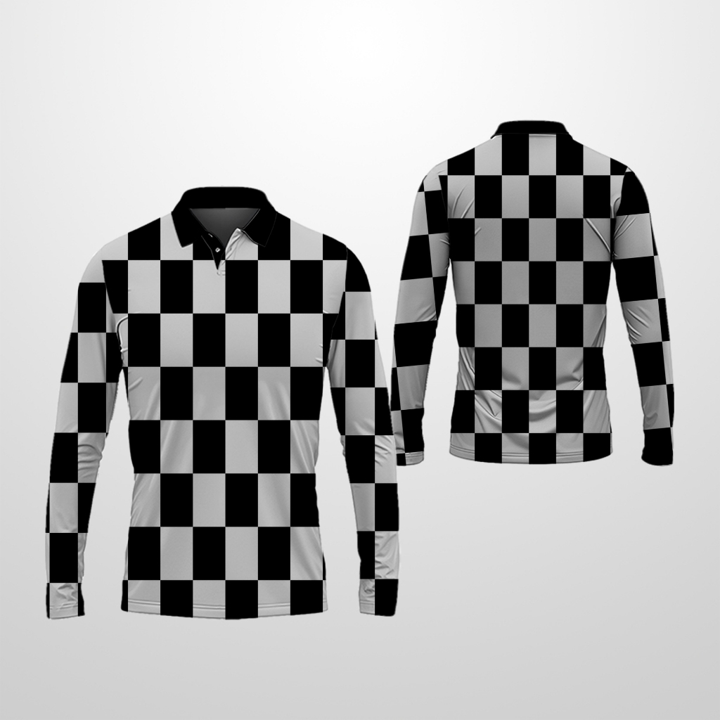 Kaos Baju Wangki/Kaos Polo Tangan Panjang Motif Catur Fullprint