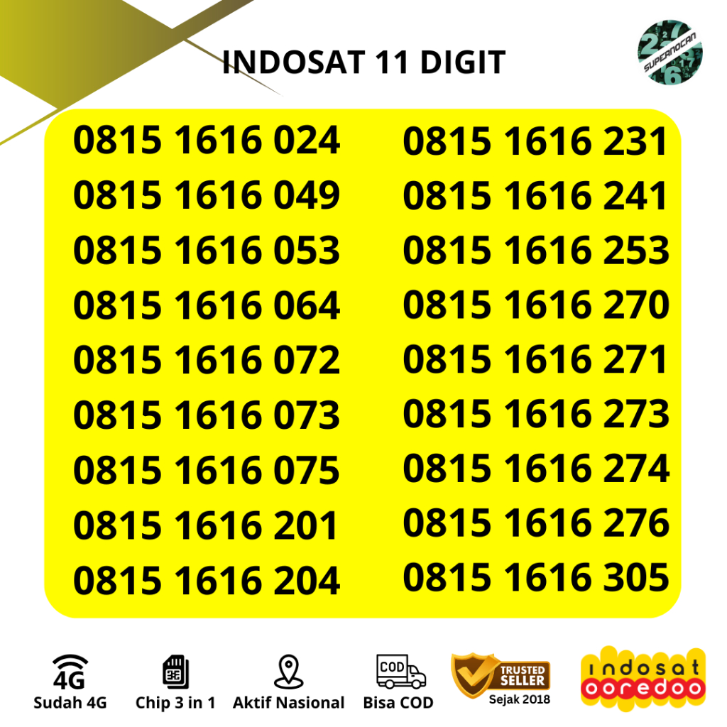 Nomor Cantik INDOSAT IM3 11 DIGIT SERI 1616 RAPIH KUOTA 3GB 30 HARI - 5G READY
