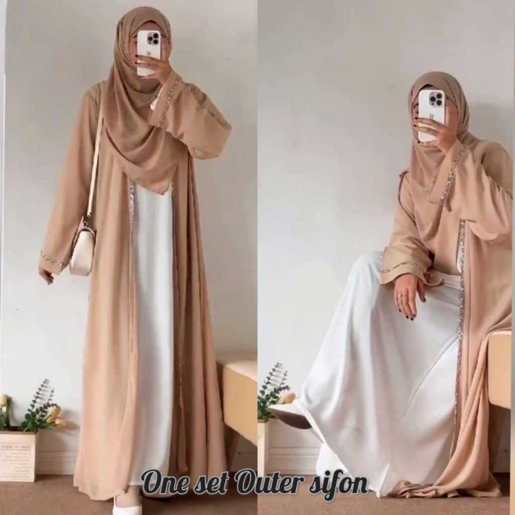 abaya one set sifon ceruty gamis remaja syari elegan