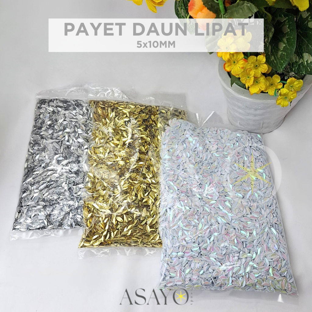 (GROSIR) Payet Daun Lipat YCK 5x10mm / Metallic Plain & Dove AB / Leaf Sequin Lokal Banyak Warna isi