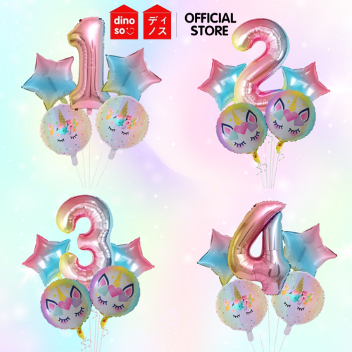 DINOSO Balon Paket Unicorn Lucu isi 5Pcs Balon Angka Jumbo Unicorn Gradasi Pelangi Dekorasi Ulang Ta
