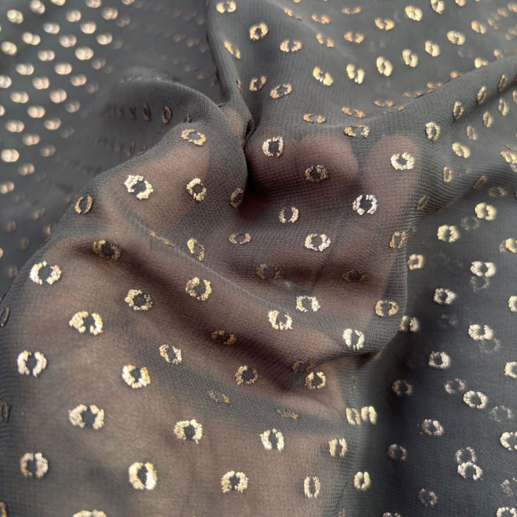 Kain Organza Hitam Motif Polkadot Foil Emas Elegan - Kain Meteran½