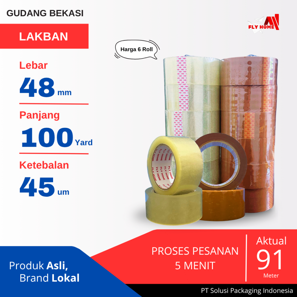 

FLYHOME 6Roll Lakban Bening Coklat 48x100Y 2inch 91METER 100 Yard
