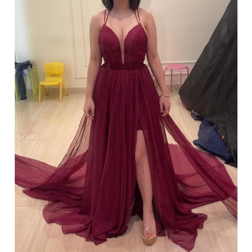 Gown/Gaun Pesta Elegan Mewah Dress Wanita Warna Merah Maroon/Pressweet17/Prewedding/Gaun Pengantin/W