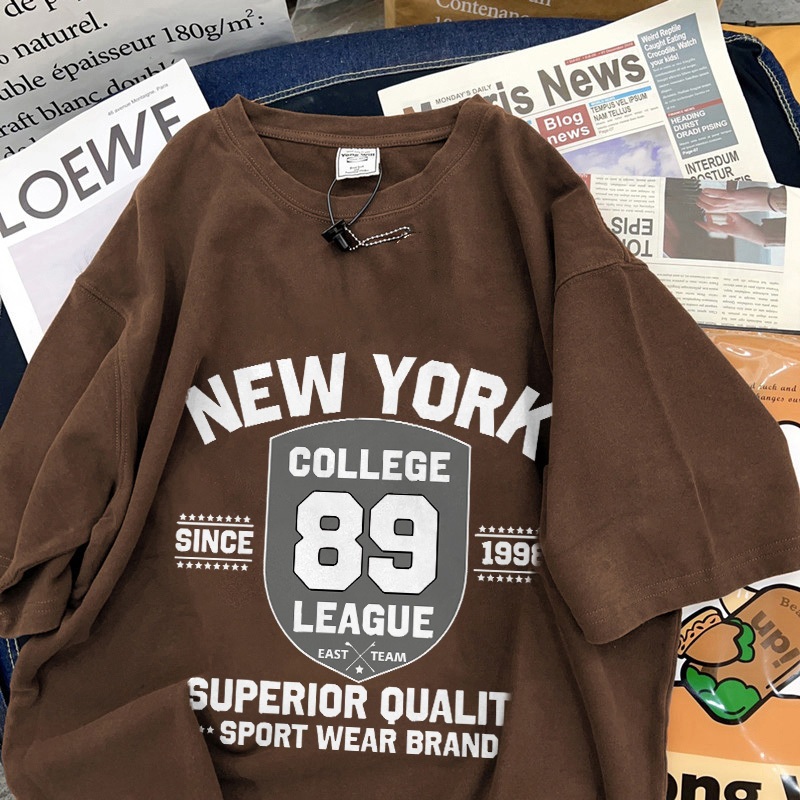 [COD] Fastfash Baju Oversize Pria Baju Distro Kaos NEW YORK 89 Kemeja Lengan Pendek Berwarna Coklat 