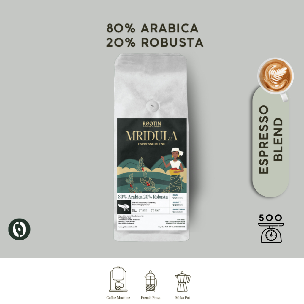 

Rootin Coffee Mridula Espresso Blend 80% Arabika 30% Robusta Beans Biji dan Bubuk Kopi / 500gr