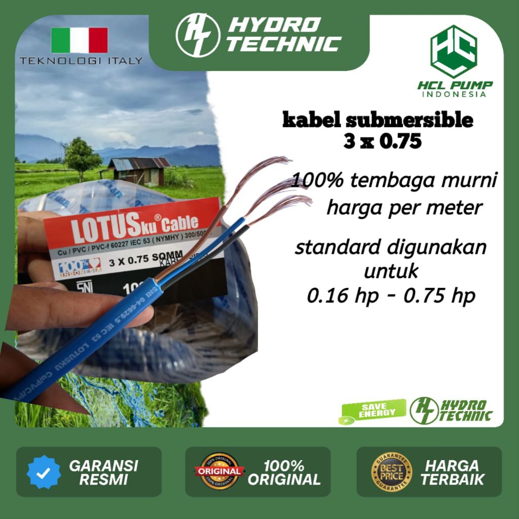 kabel submersible 3 x 0.75 standart original merk lotusku