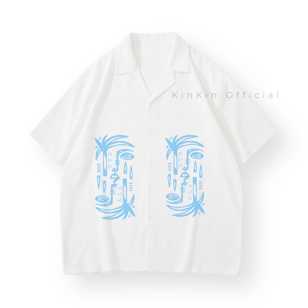 Kemeja Pria Vintage Kemeja Pria & Wanita  Hitam Putih Motif Bunga Biru | Lengan Pendek Casual Aesthe