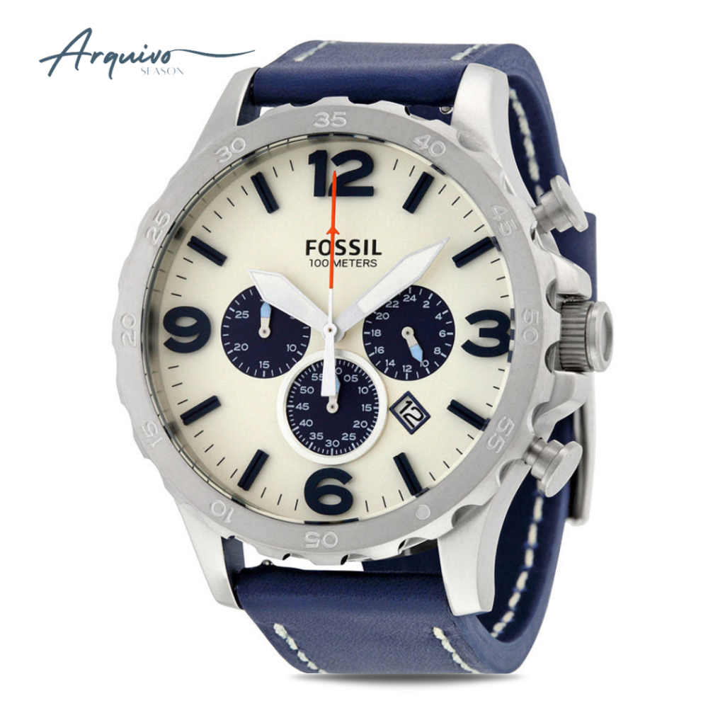 Jam Tangan Fossil Pria Nate Chronograph Kulit Blue Sporty Casual Original JR1480