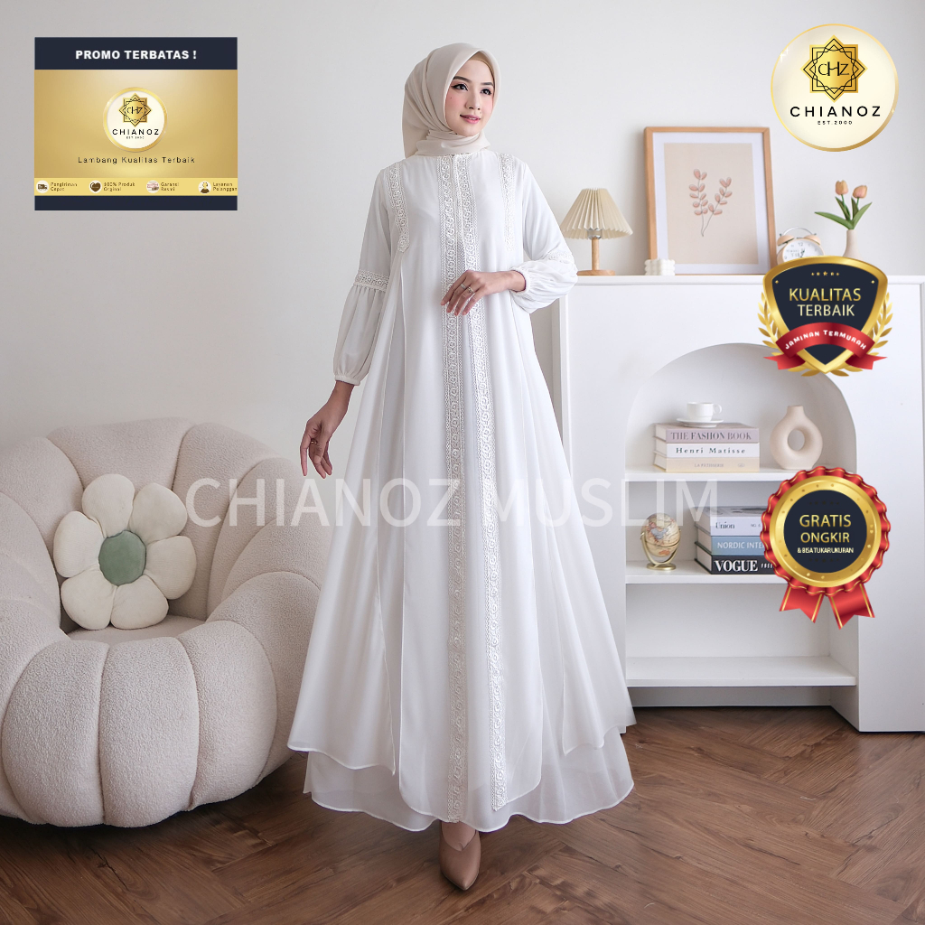 CHIANOZ Gamis Putih Mewah Dinda Dress Renda Bunga Baju Lebaran Umroh Haji Manasik Pesta Akad 962