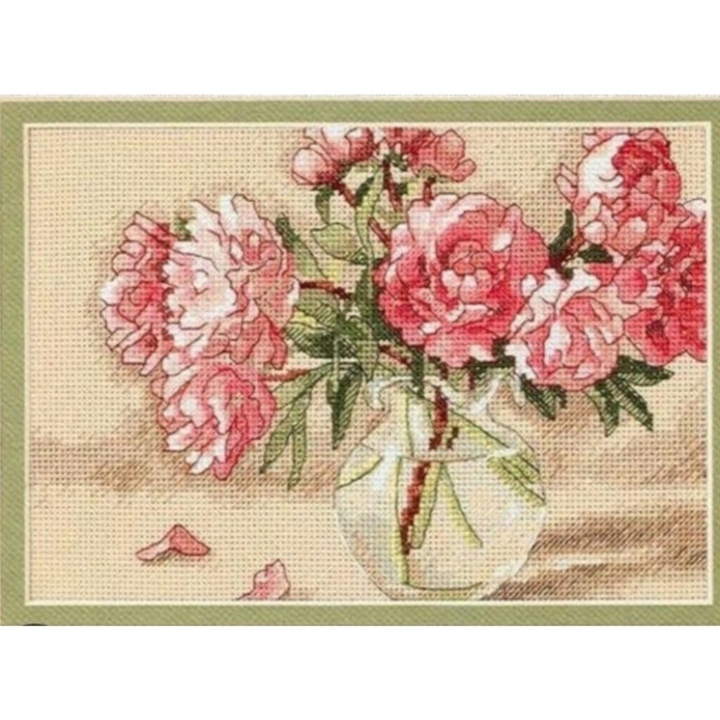 DIY PAKET KRISTIK BUNGA MAWAR PEONI VAS CROSS STITCH kIT 14CT