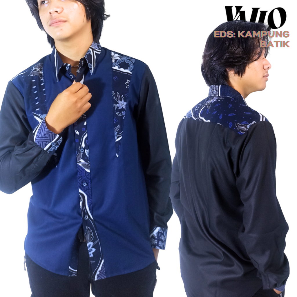 BAJU KEMEJA BATIK PRIA LENGAN PANJANG PERPADUAN WARNA HITAM DAN BIRU NAVI MOTIK BUNGA DESAIN MODERN 