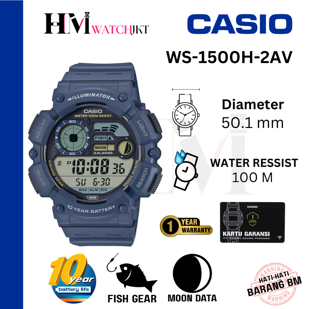 CASIO WS-1500H-2AVDF Jam Tangan Pria Original Digital Antiair Fishing Gear Mancing WS-1500H-2AV WS15