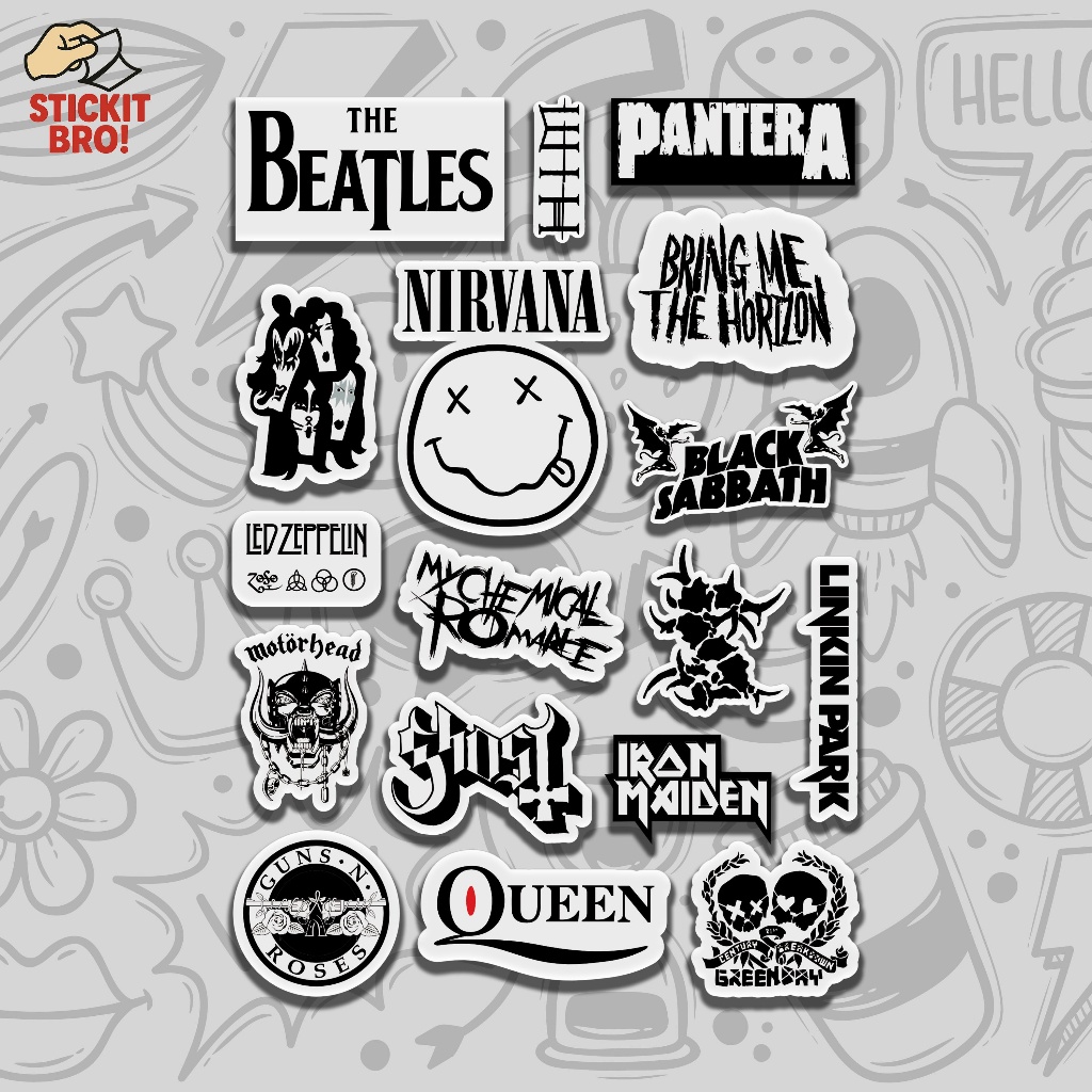 

Sticker Pack ROCK BAND VOL 10 Aesthetic Vynil Anti Air Potongan KissCut Tumblr Helm Laptop BLACK & WHITE