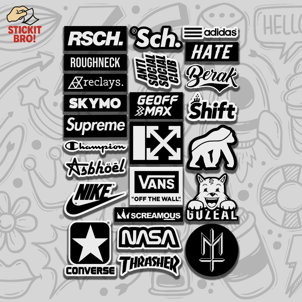 

Sticker Pack BRAND VOL 01 Aesthetic Vynil Anti Air Potongan KissCut Tumblr Helm Laptop BLACK & WHITE