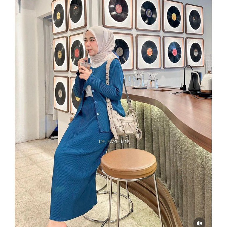 KODE S62L SET CARDIGAN ROK PLISKET  SET BAJU ATASAN BAWAHAN ROK PLISKET LIDI MODEL ROK SPAN RATA DI 