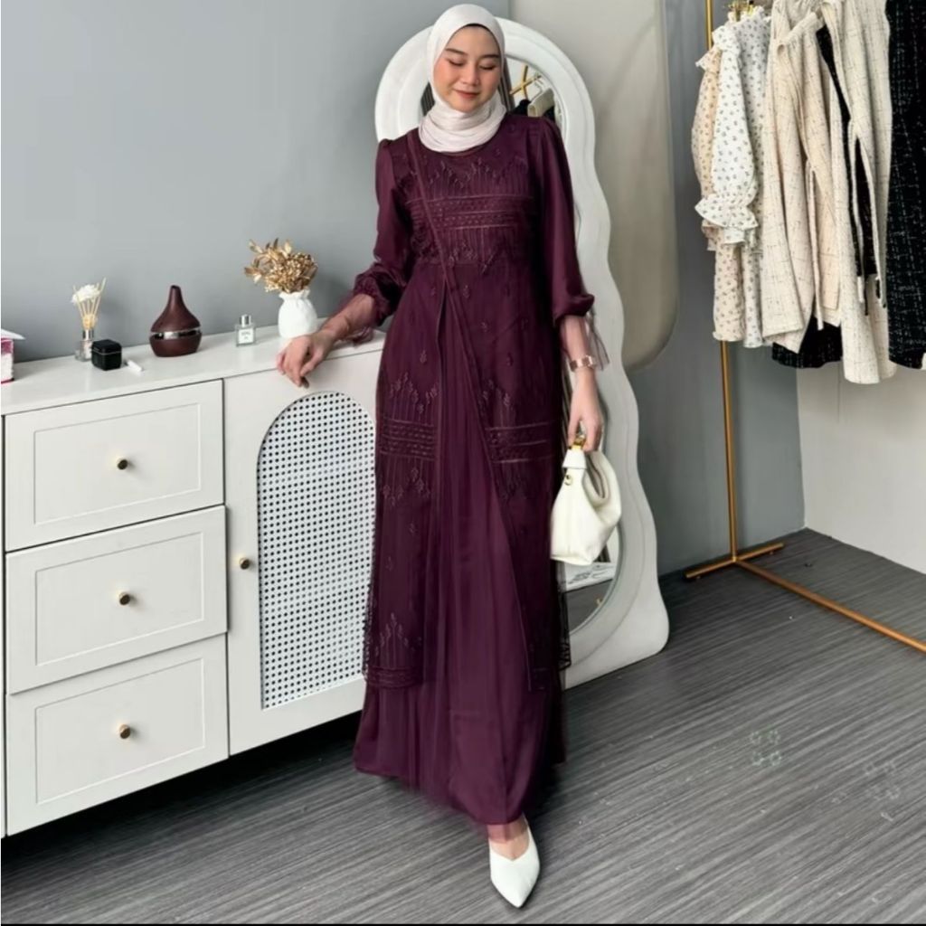 Kinar Dress Pesta Brukat Silk Kombinasi Tile Garden Premium Remaja Dewasa Wanita Kekinian