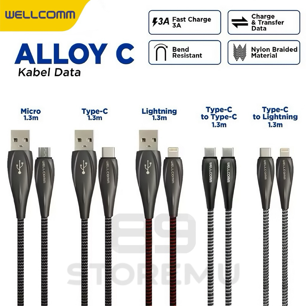 WELLCOMM Kabel Data Charger ALLOY C Series Micro USB/Type C/Lightning Super Fast Charging Fast Charg
