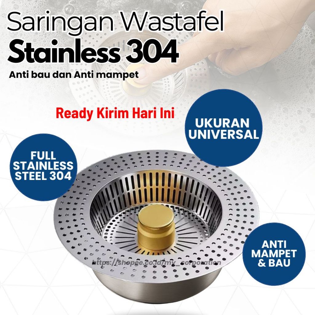 Saringan Wastafel Cuci Piring Stainless Steel 304 Kepala Wastafel Pencet Mudah Dibersihkan