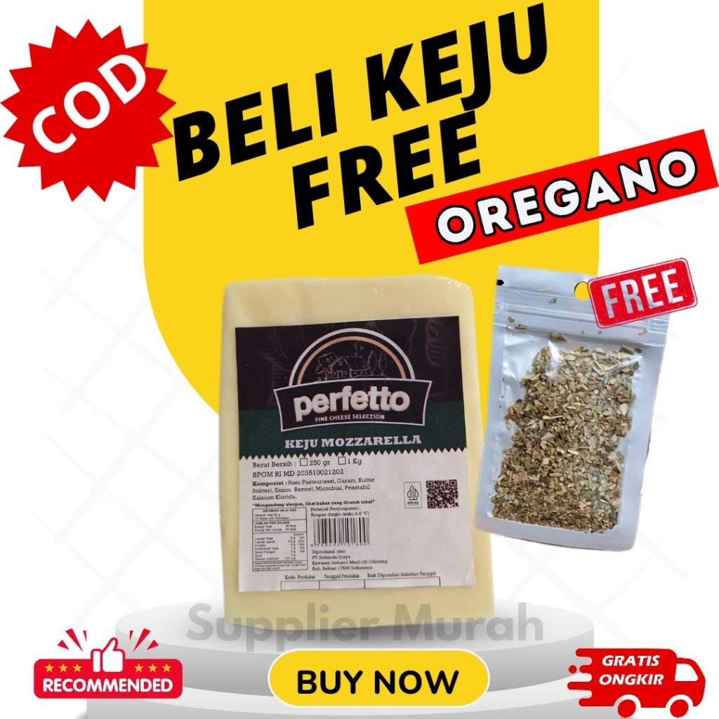 

[PROMO FREE) Perfetto Keju Mozarella 250 gr + Free Oregano herb taburan Pizza Spagetti Arla Pizza Topping Mulur Lumer
