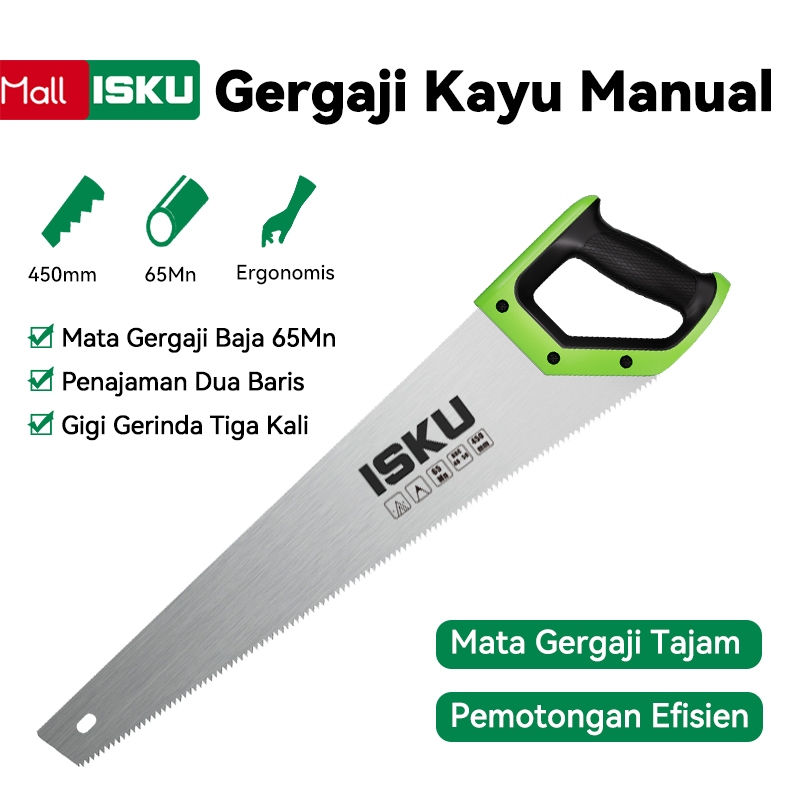 ISKU Gergaji Kayu Baja 65Mn 18 inch Diasah 2 Sisi & Anti Slip - Hand Saw