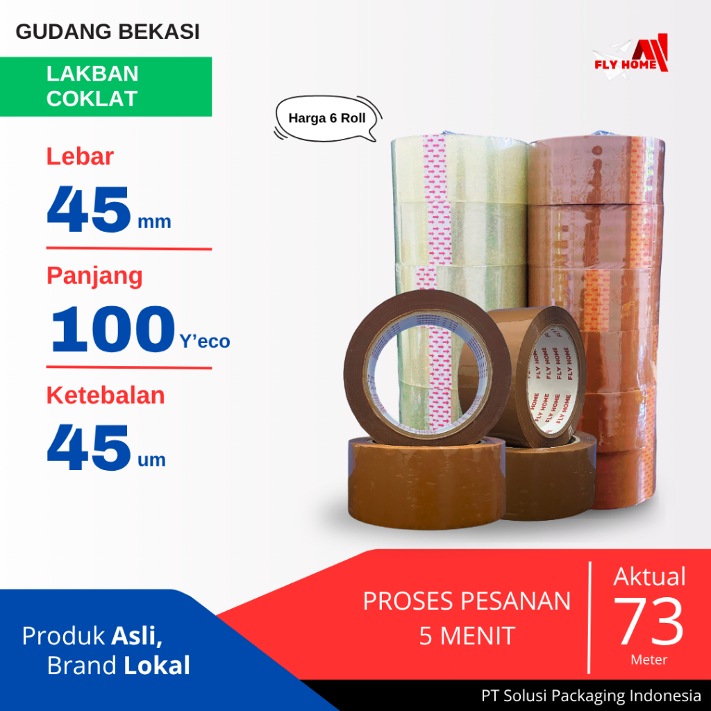 

FLYHOME 6Roll Lakban Coklat 45x100Y 2inchi Solasi Uk Besar ECO 100 yard