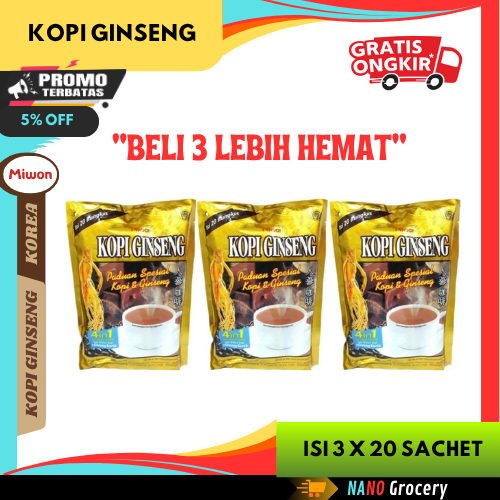 

3 Pouch Kopi Ginseng MIWON Isi 20 Sachet | Korean Original Ginseng Coffee