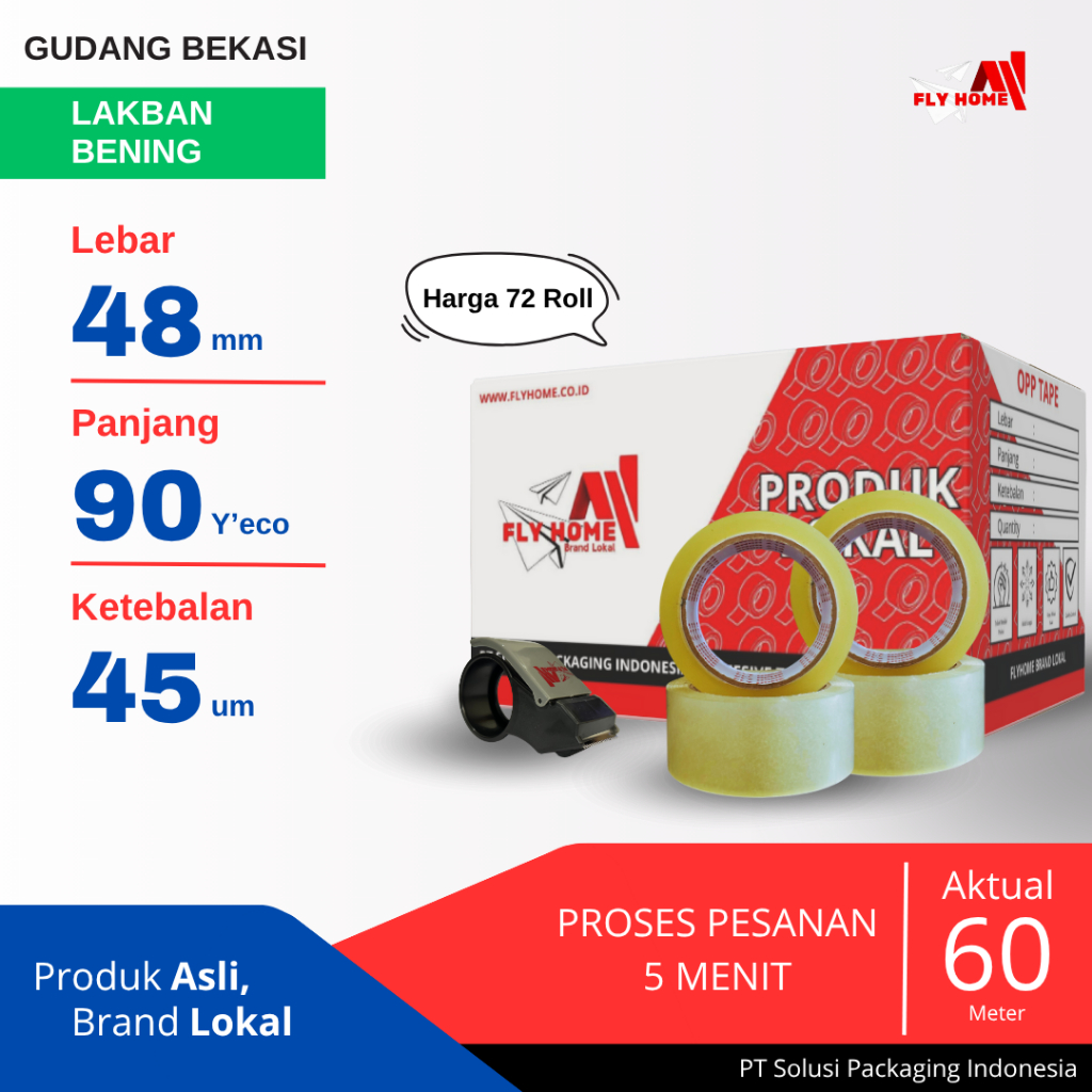 

FLYHOME 1Dus Lakban Bening 48x90Y 2inchi Solasi Uk Besar 72Roll ECO 90 yard CARGO