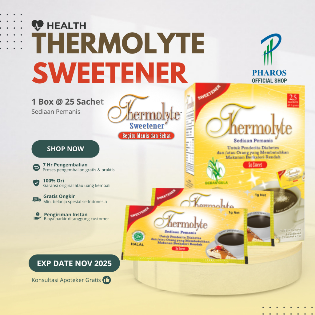 

EXP DATE NOV 2025 Thermolyte Sweetener - Box isi 25 Sachet @ 1 Gram - Pemanis Pengganti Gula