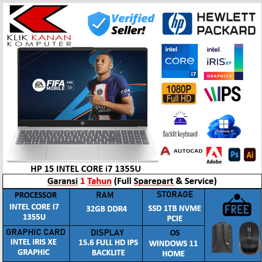 Laptop Baru Hp 15 intel core i7 1335U ram 32gb ssd 1tb 51.6 fhd ips backlite windows 11home original