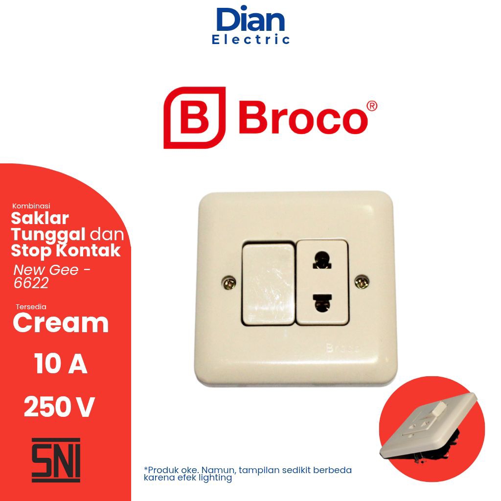 Kombinasi Saklar dan Stop Kontak 6622 BROCO - COLOKAN DAN SAKLAR DINDING TANAM (INBOW) SNI AMAN