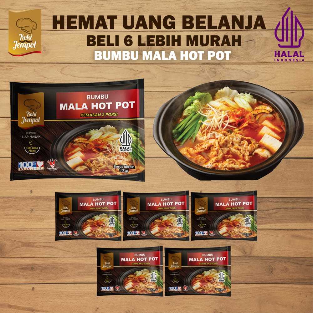 

Bumbu Mala Hot Pot 2 Porsi Paket Isi 6 pcs dan 12 pcs Koki Jempol