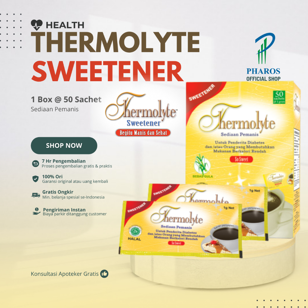 

Thermolyte Sweetener - Box isi 50 Sachet @ 1 Gram - Pemanis Pengganti Gula