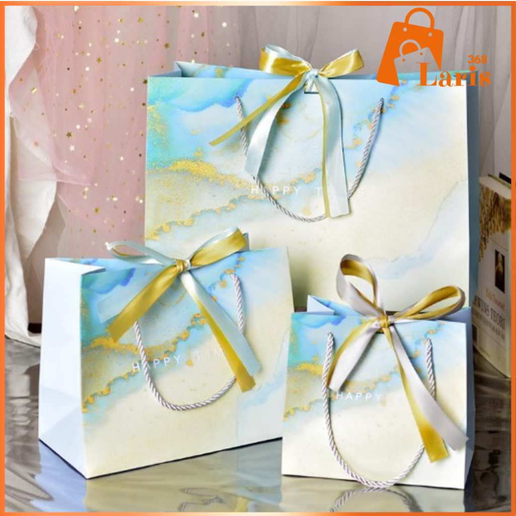 

Laris368 Paper Bag Paperbag Kado Tas Hampers Aesthetic Marble Biru Muda Dengan Pita Premium