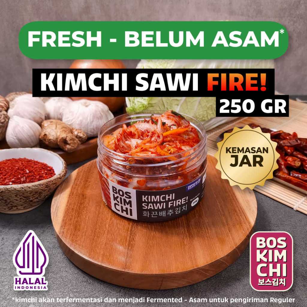 

Kimchi Sawi FIRE! 250 gr Kemasan Toples | Boskimchi | Baechu Kimchi Super Pedas