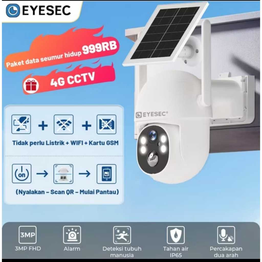 [Tidak Perlu Listrik/WIFI/Simcard] EYESEC CCTV 4G Tenaga Surya Weatherproof CCTV+Free Paket Data Seu