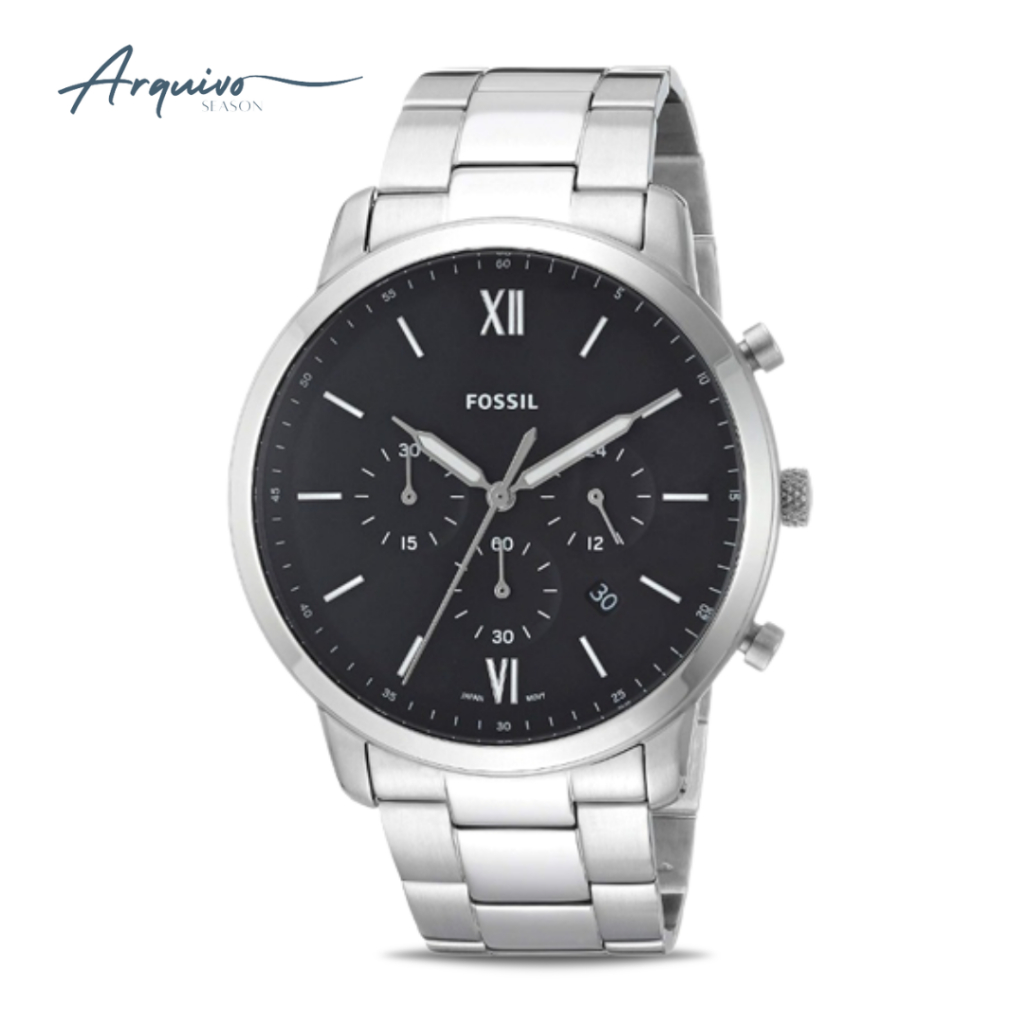 Jam Tangan Fossil Pria Neutra Chronograph Silver Stainless Steel Black Dial Mewah Sporty Original FS