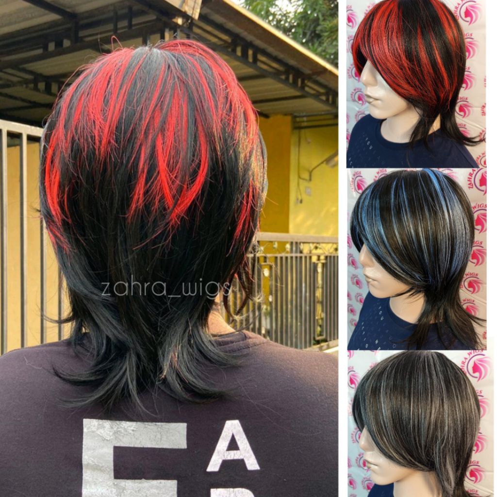 WIG PRIA KOREA RAMBUT PENDEK LURUS PANJANG SELEHER  MODEL WOLFCUT  HIGHLIGHT MEDIUM