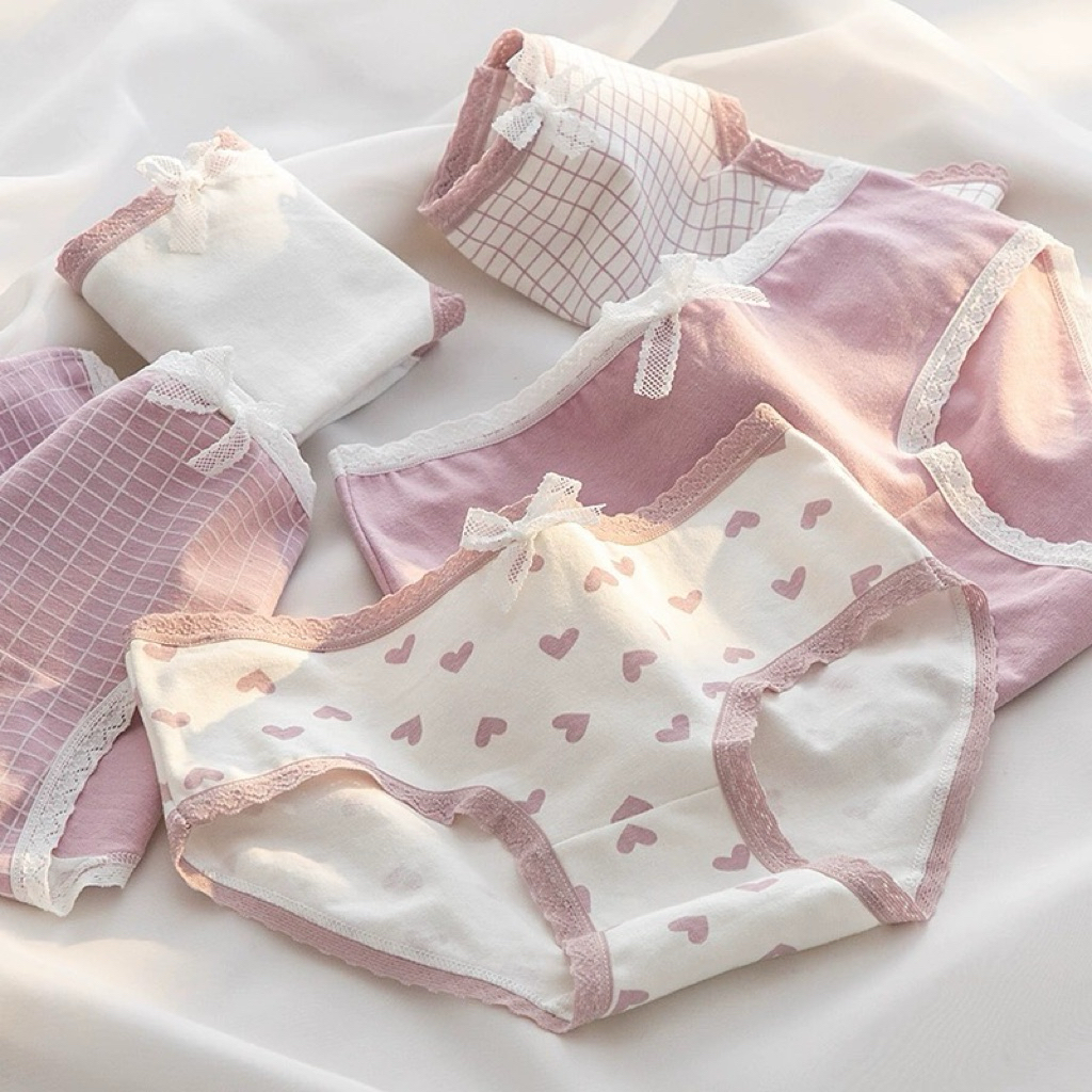 Cozy Lou - Celana Dalam Mauve Putih Pita Motif Lucu Katun Ungu Dusty CD Wanita Cewek Remaja