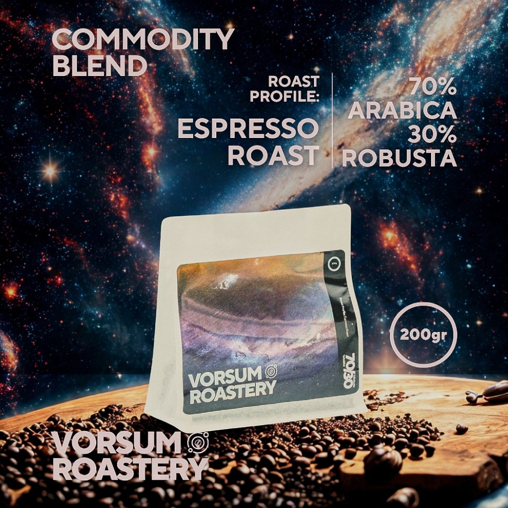 

Commodity blend 70% Arabica : 30% Robusta - Espresso Roast Coffee 200gr, 500gr, 1kg, 5kg Vorsum Roastery