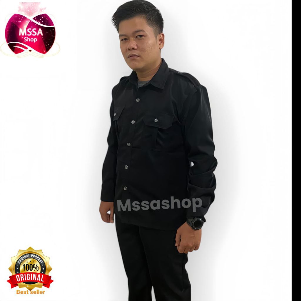 mssahsop 1 STEL seragam safari hitam Lengan Pendek panjang - Pakaian Atasan Seragam Pria Wanita Prem